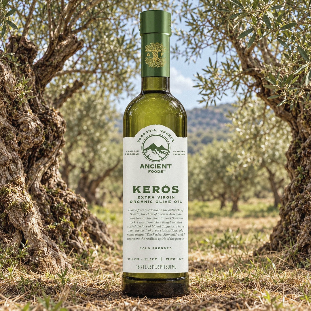 Keros 500 ml extra virgin organic olive oil bottle in an olive grove Keros 500 ml extra virgin organic olive oil bottle in an olive grove