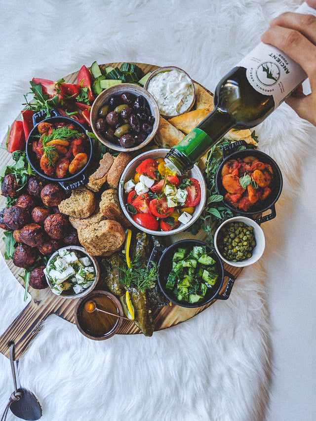 Plant Based Greek Mezze Platter Drizzled in Olive Oil